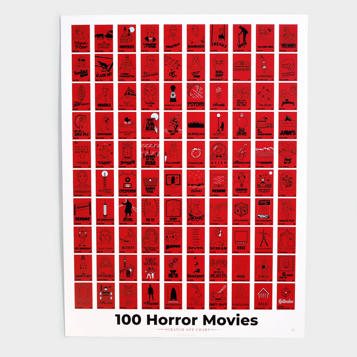 100 Horror Movies Scratch-Off Chart 12" x 16" Print