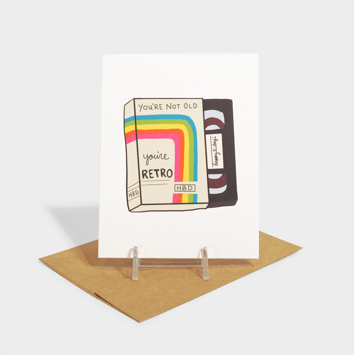 Greeting card with VHS tape illustration.