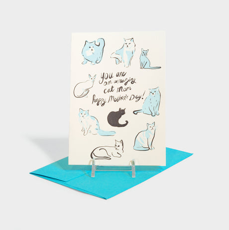 Letterpress card with illustrative motifs of various cat breeds.