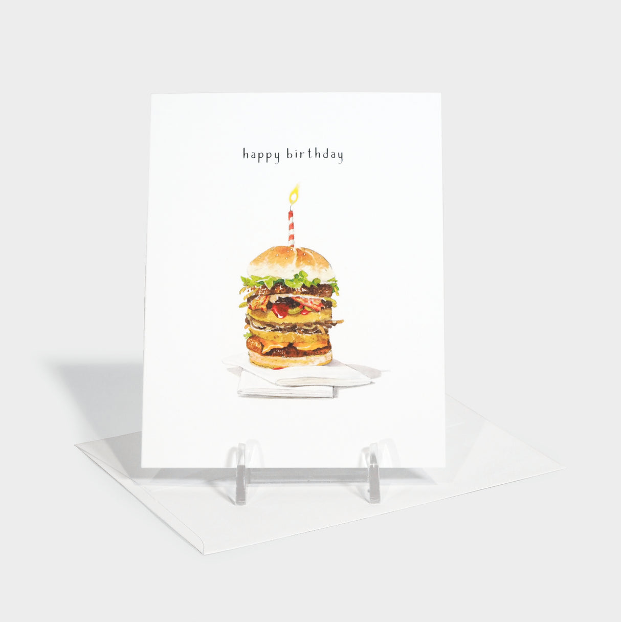 Greeting card with multi-deckered burger illustratration