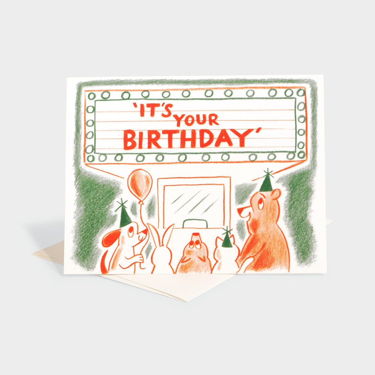 Greeting card with illustration of animals going to the cinema. Text is written on the marquee.