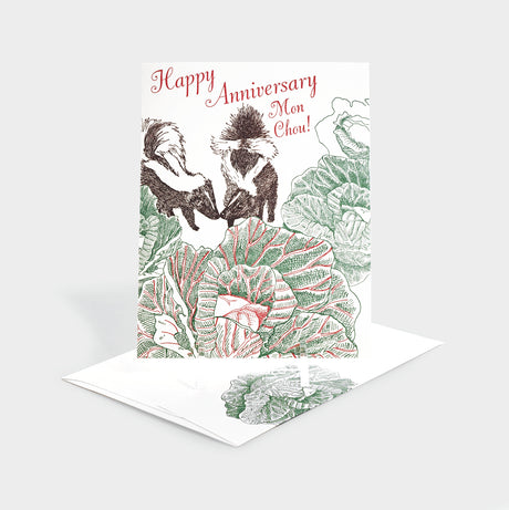 Greeting card with illustration of cabbage and skunks.