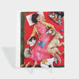 Greeting card with an illustration of a woman lying on a blanket with dogs and cats around her. No text on the front.