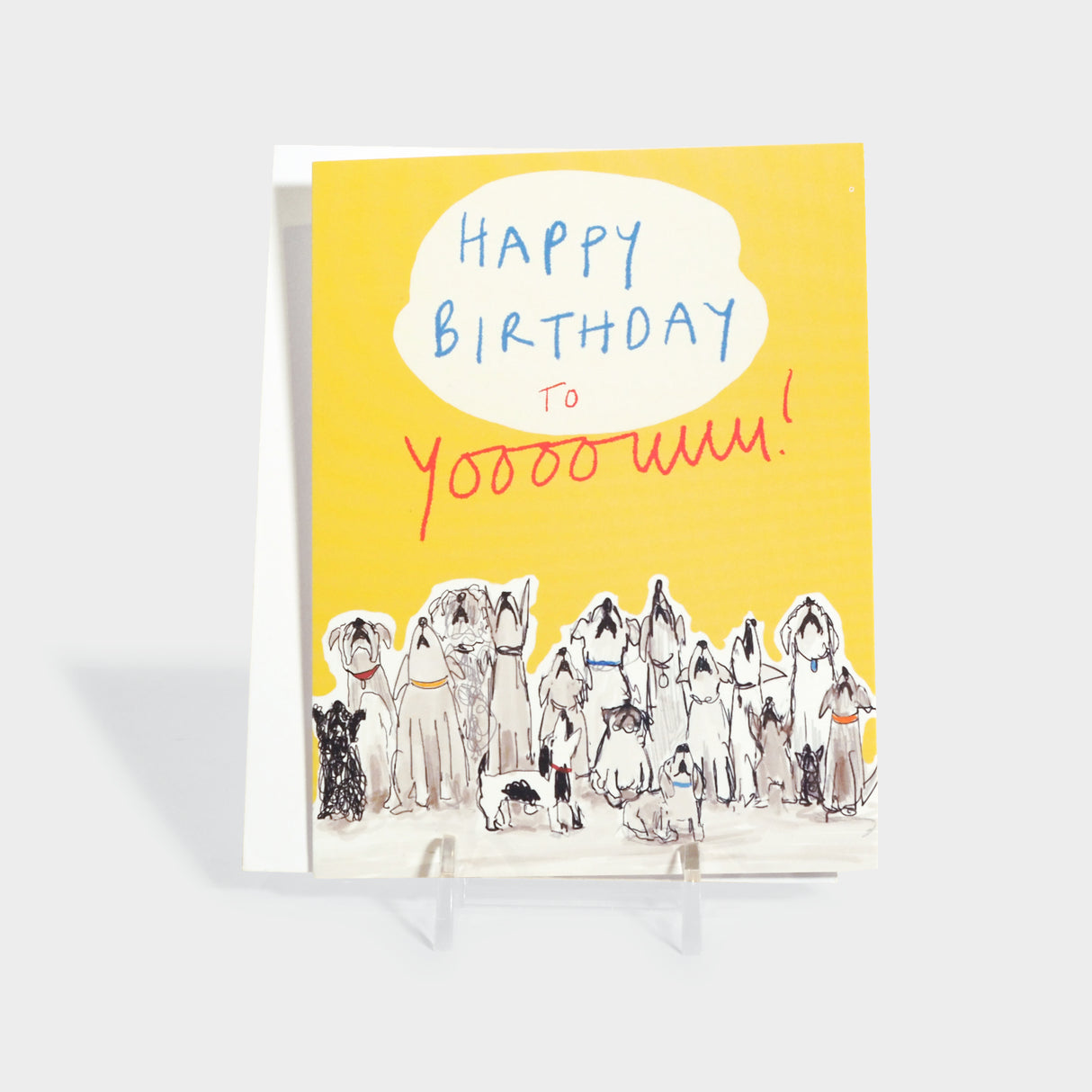 Greeting card with an illustration of a pack of dogs howling.