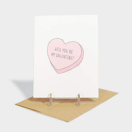 Greeting card with candy conversation heart illustration.