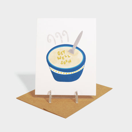 Greeting card with soup illustration of alphabet soup. Letters spell the message.