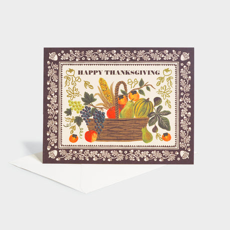 Greeting card with illustration of a Thanksgiving harvest basket.