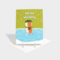 Greeting card with a happy hot dog in a beanie and scarf.