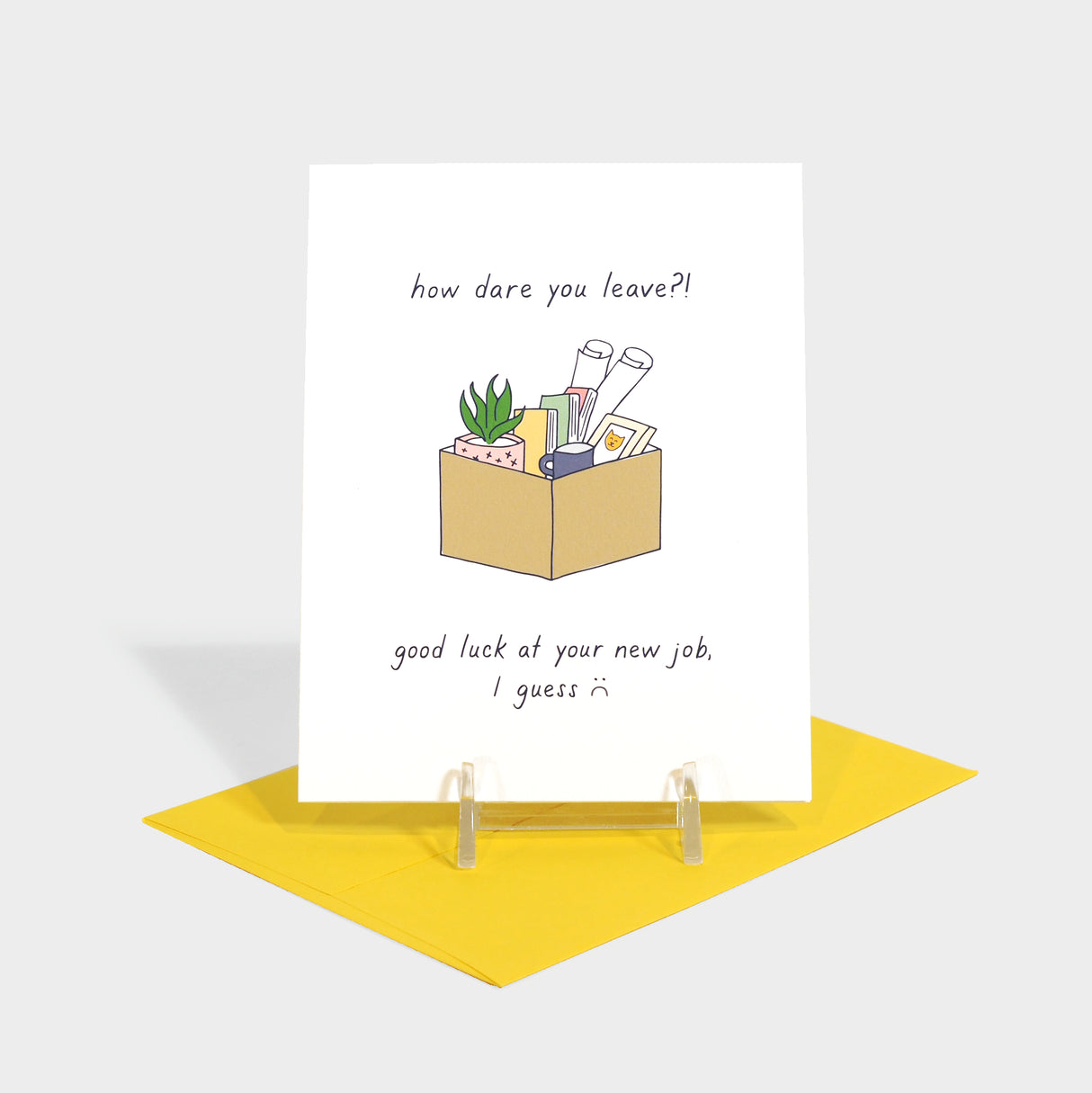 Greeting card with illustration of personal items and office things packed in a box.