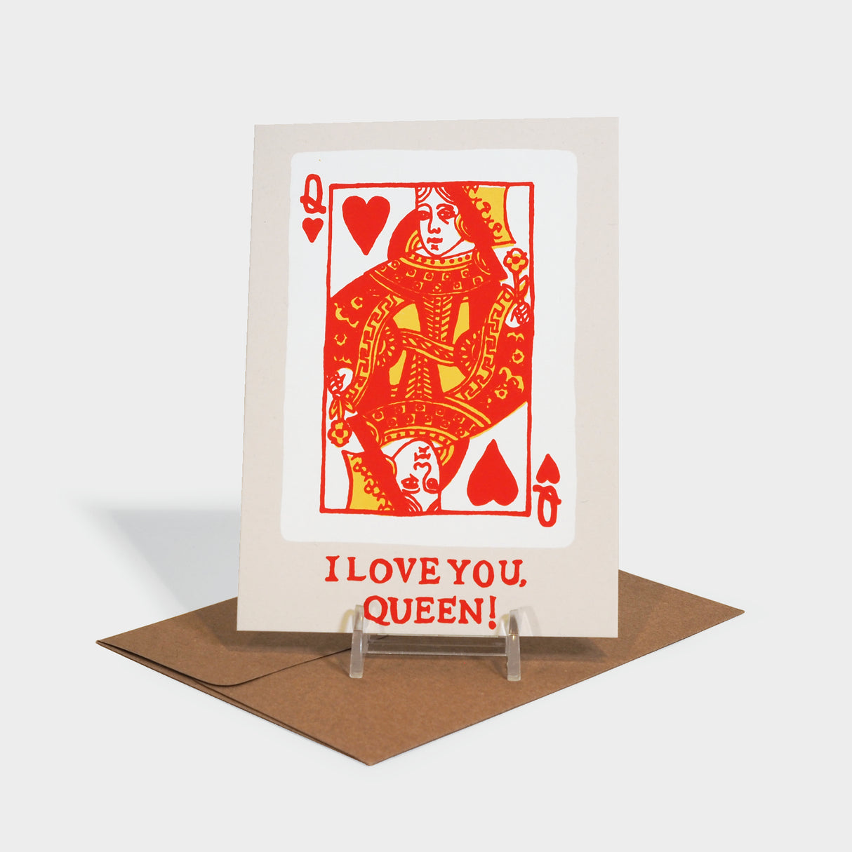 Greeting card with queen of hearts card illustration.