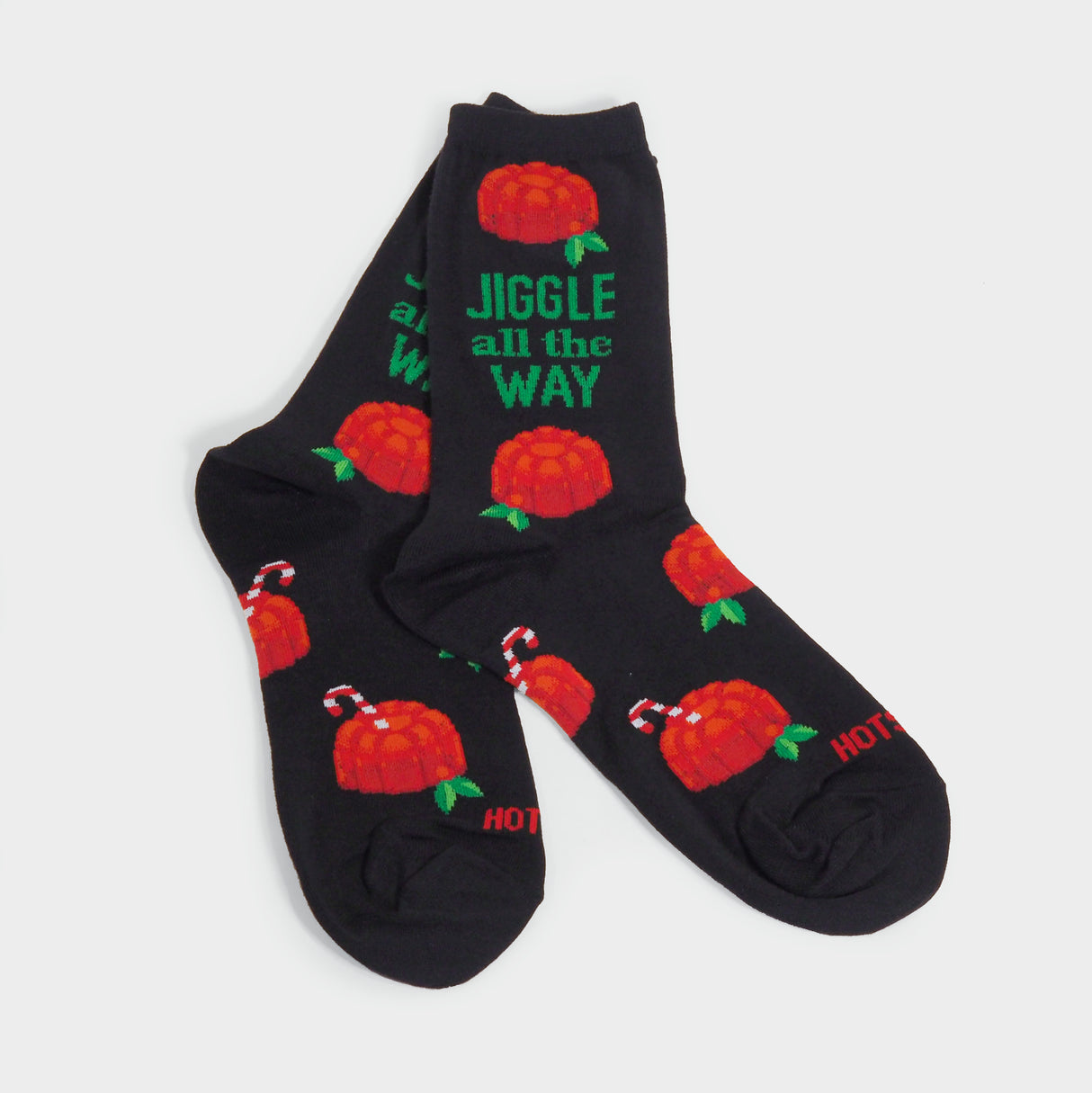 Black socks with a pattern of candy cane jell-o. Text reads, "Jiggle all the way."