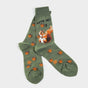 Sock with squirrel and acorn motifs. Text reads, "Let's Get Nuts" with an acorn in place of 'nut'. 