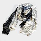 Lightweight Black & Ecru Floral Scarf with Gold Details