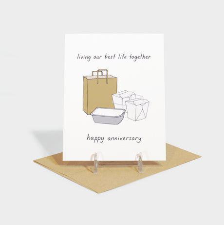 Greeting card with illustration of a grocery bag and takeout containers.