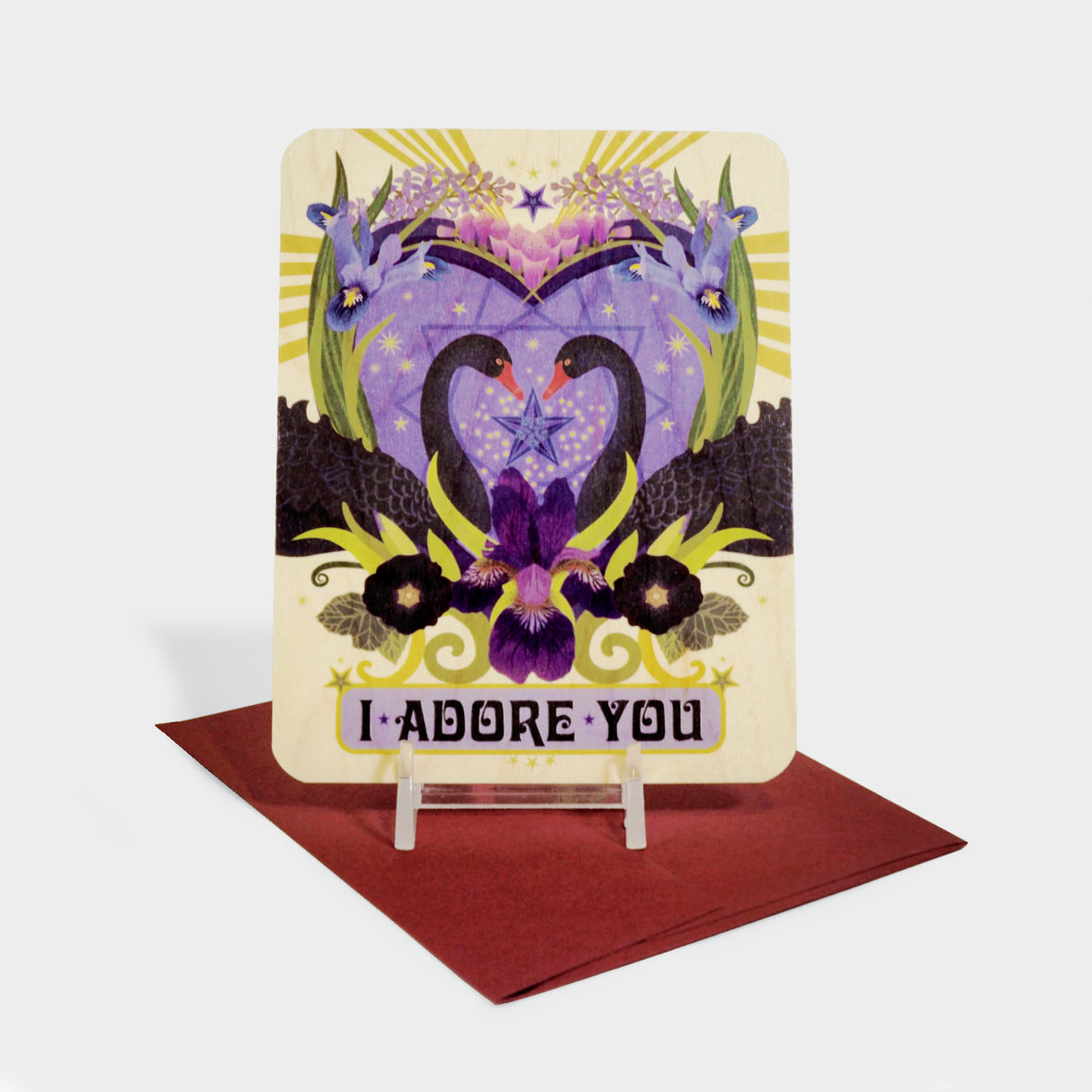 Greeting card with swan and iris motif.