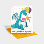 Greeting card with dragon holding balloons and a birthday cake.