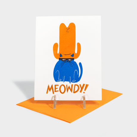 Risograph printed card with illustration of a cat in a very tall cowboy hat.