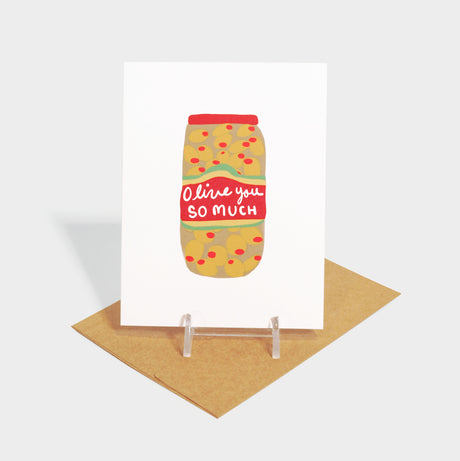 Greeting card with illustrated jar of olives.