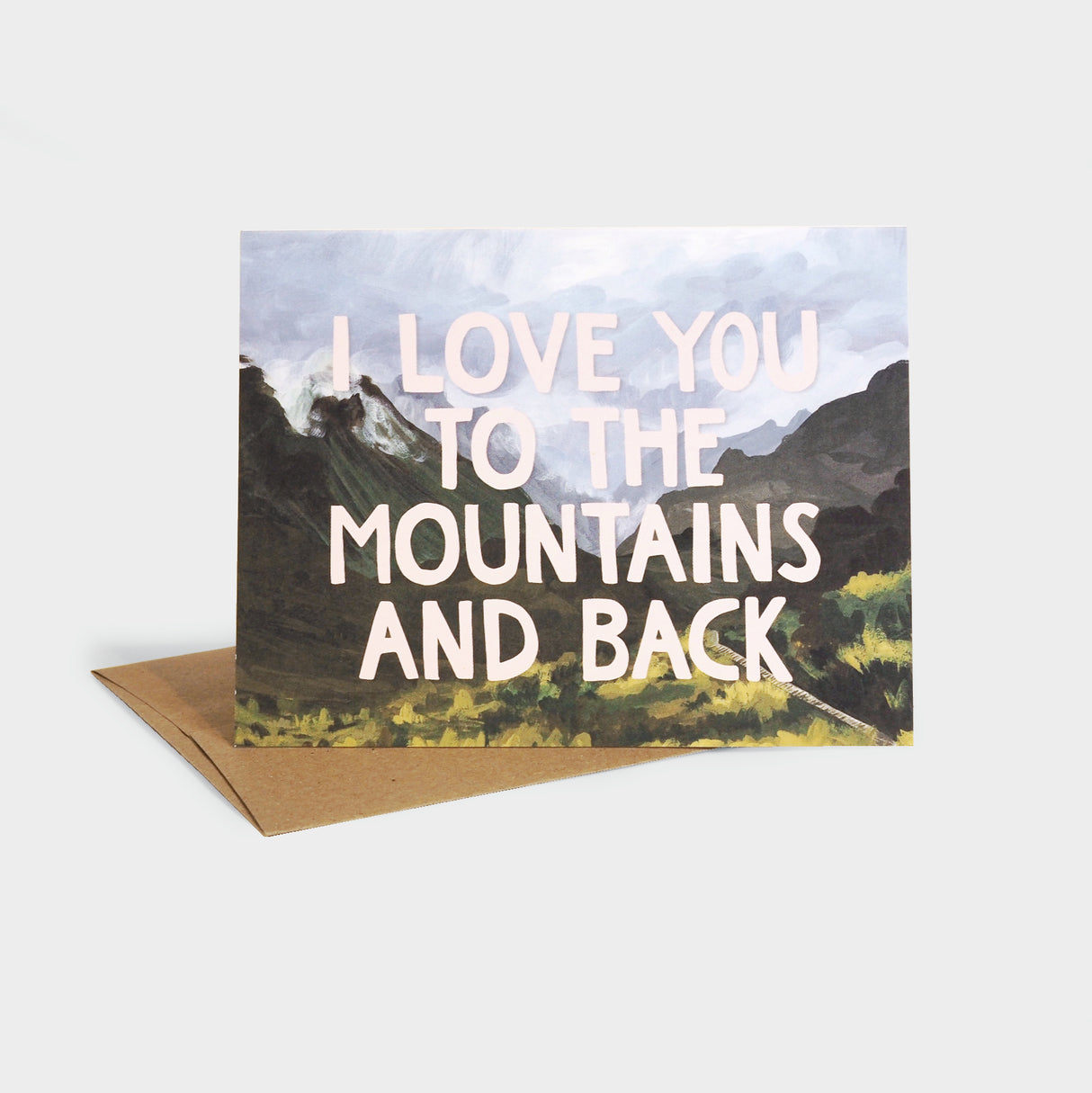 Greeting card with mountain illustration.