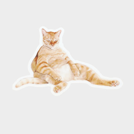 Die-cut sticker of an orange tabby cat lounging like an old man.