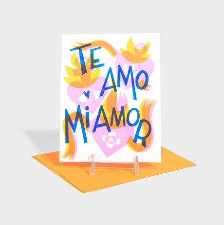 Risograph printed greeting card with heart motifs.