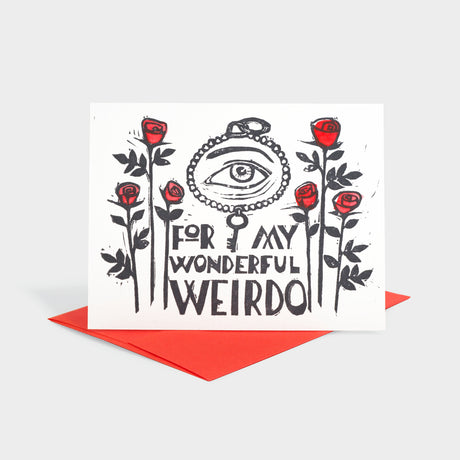 Greeting card with illustration of an eye in a keychain and roses.